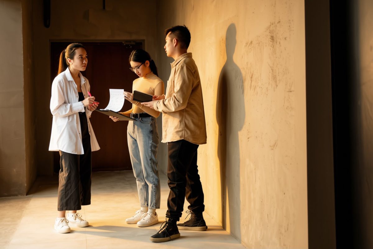 Three colleagues reviewing a document together on a clipboard