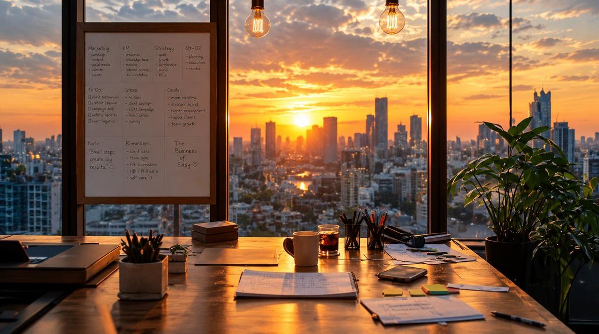 A planning board beside a desk at sunset, with the Manila skyline through the window
