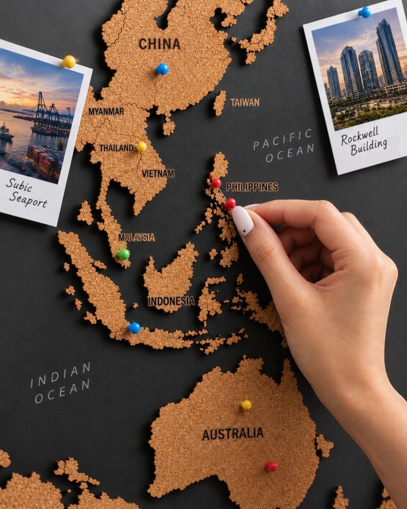 A hand placing a pin on the Philippines on a cork map of Southeast Asia